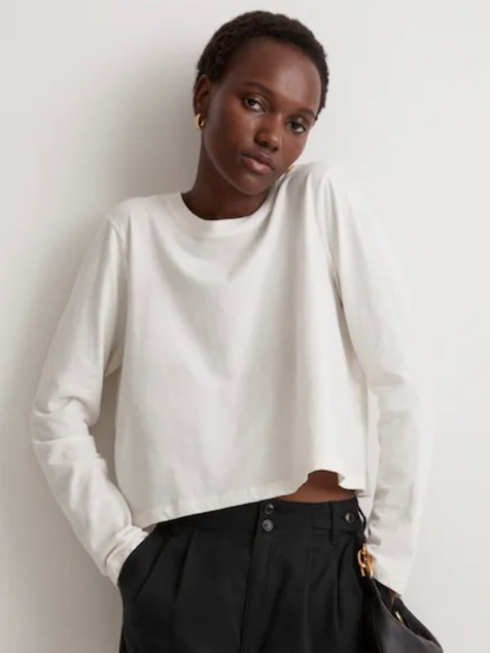 Madewell Softfade 100% Cotton Boxy Crop Long Sleeve Tee Crewneck Cream Small NEW